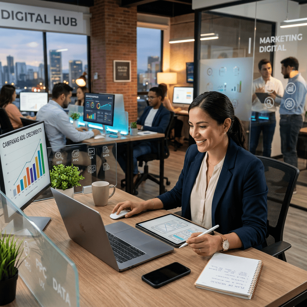 Marketing professional reviewing analytics beside laptop, tablet, and campaign growth chart