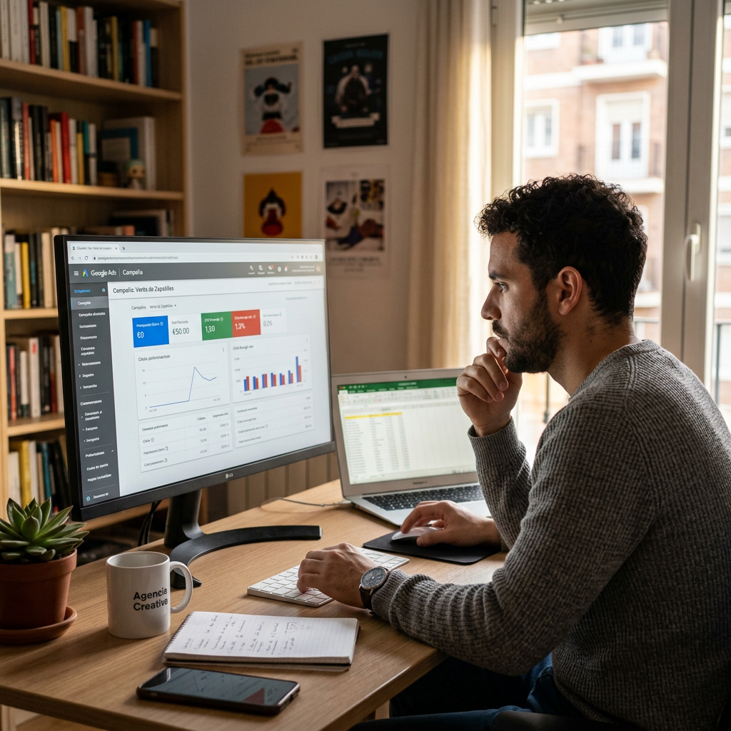 Professional reviewing Google Ads campaign metrics on a desktop monitor